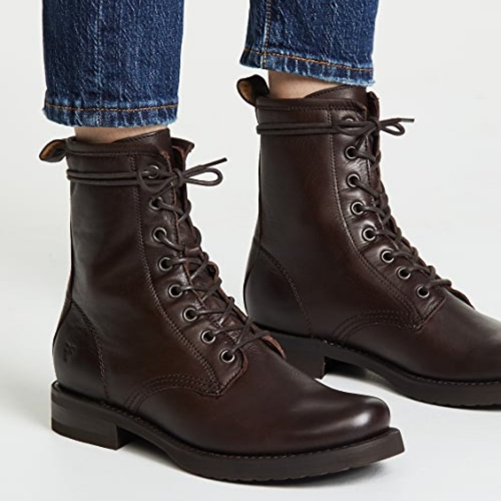 Frye Veronica Combat Brown Leather Lace Up Moto Combat Military Comfy Ankle Boot